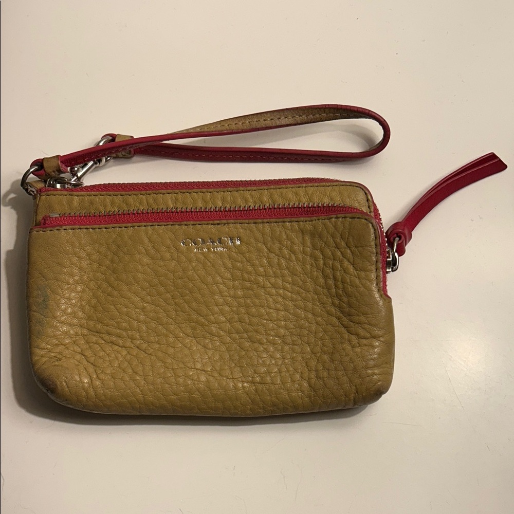 Coach Tan and Pink Leather Wristlet with double sections and inside card section
